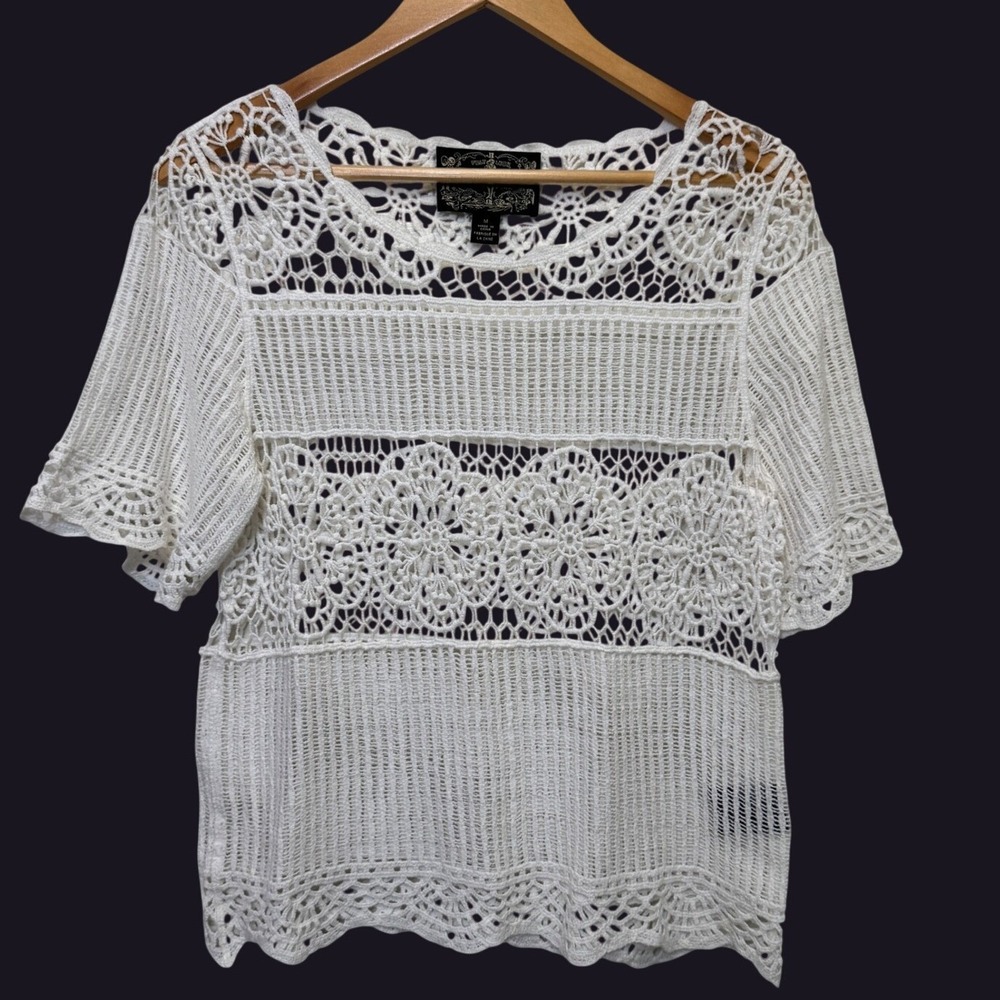 Anthropologie James Coviello Janice Crochet Top M White Open Knit Lace Boho